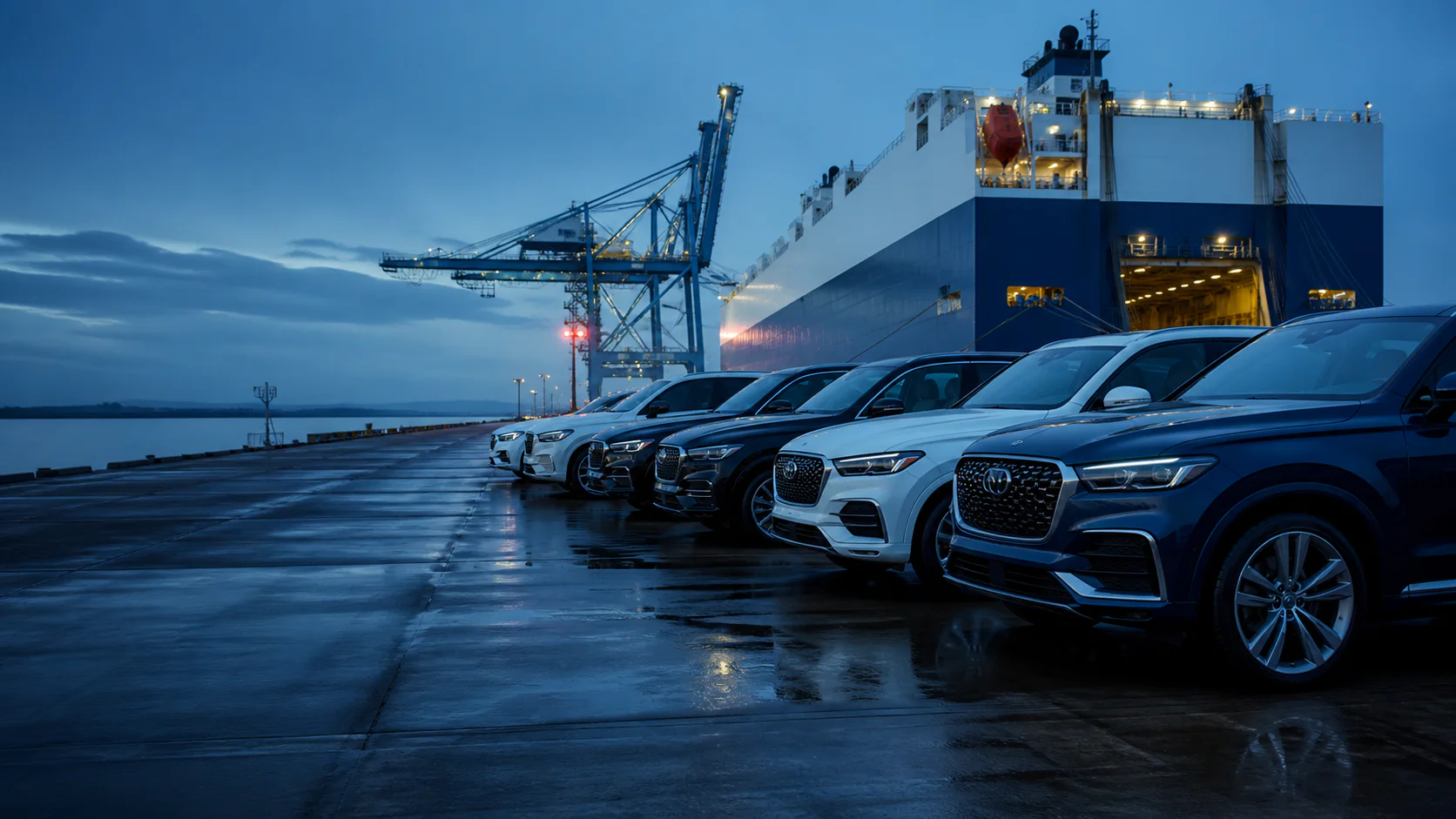 Vehicles prepared for international export at an automobile terminal